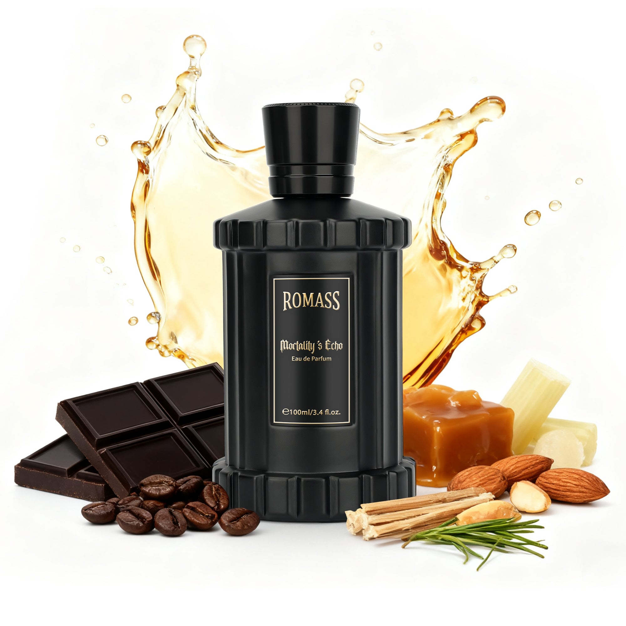 ROMASS Mortality’s Echo Eau de Parfum 3.4oz/100ml | Obsidian Black Bottle | Long-Lasting Dark Gourmand Fragrance | Notes of Dark Cocoa, Rum, and Ancient Cypress