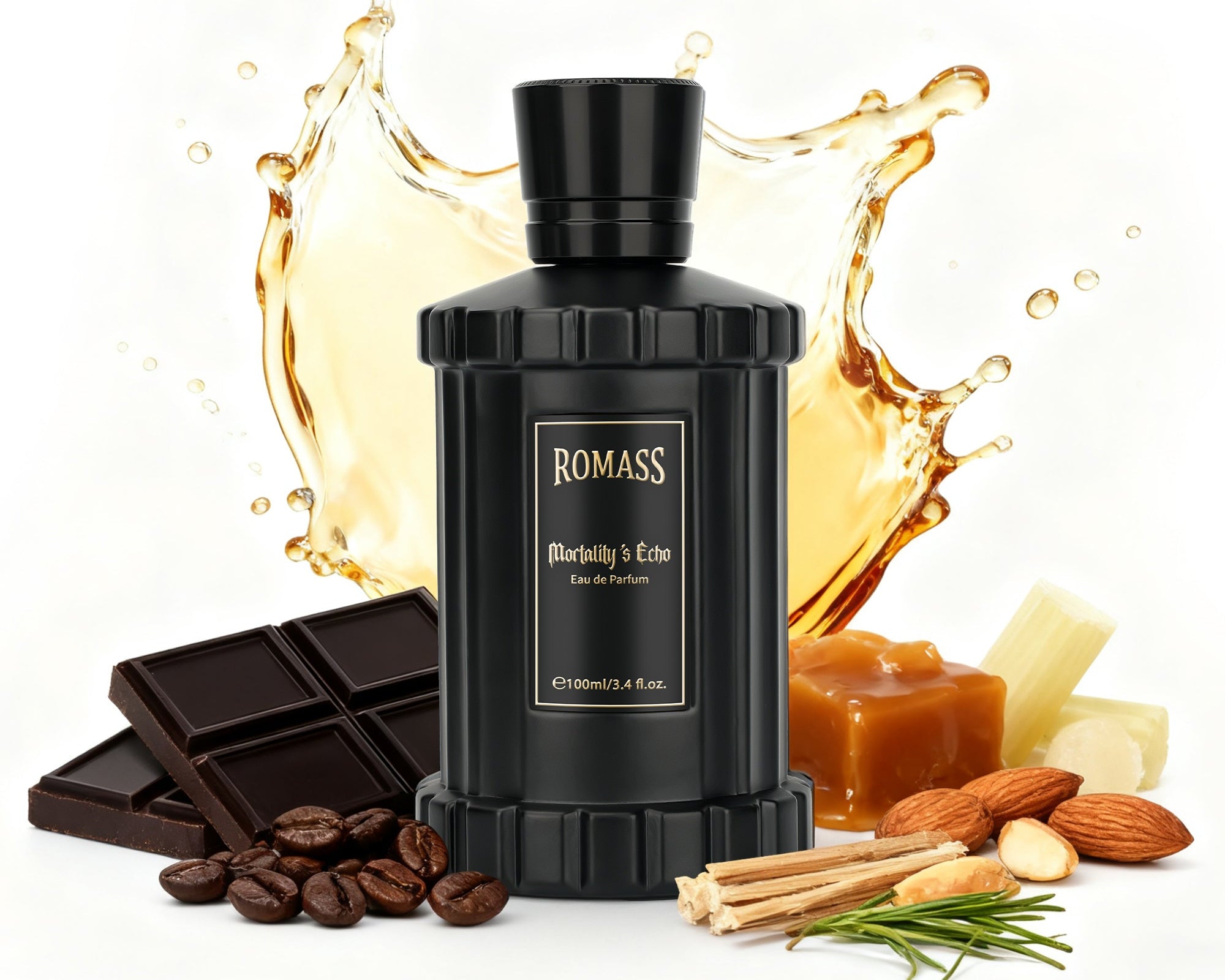 ROMASS Mortality’s Echo Eau de Parfum 3.4oz/100ml | Obsidian Black Bottle | Long-Lasting Dark Gourmand Fragrance | Notes of Dark Cocoa, Rum, and Ancient Cypress