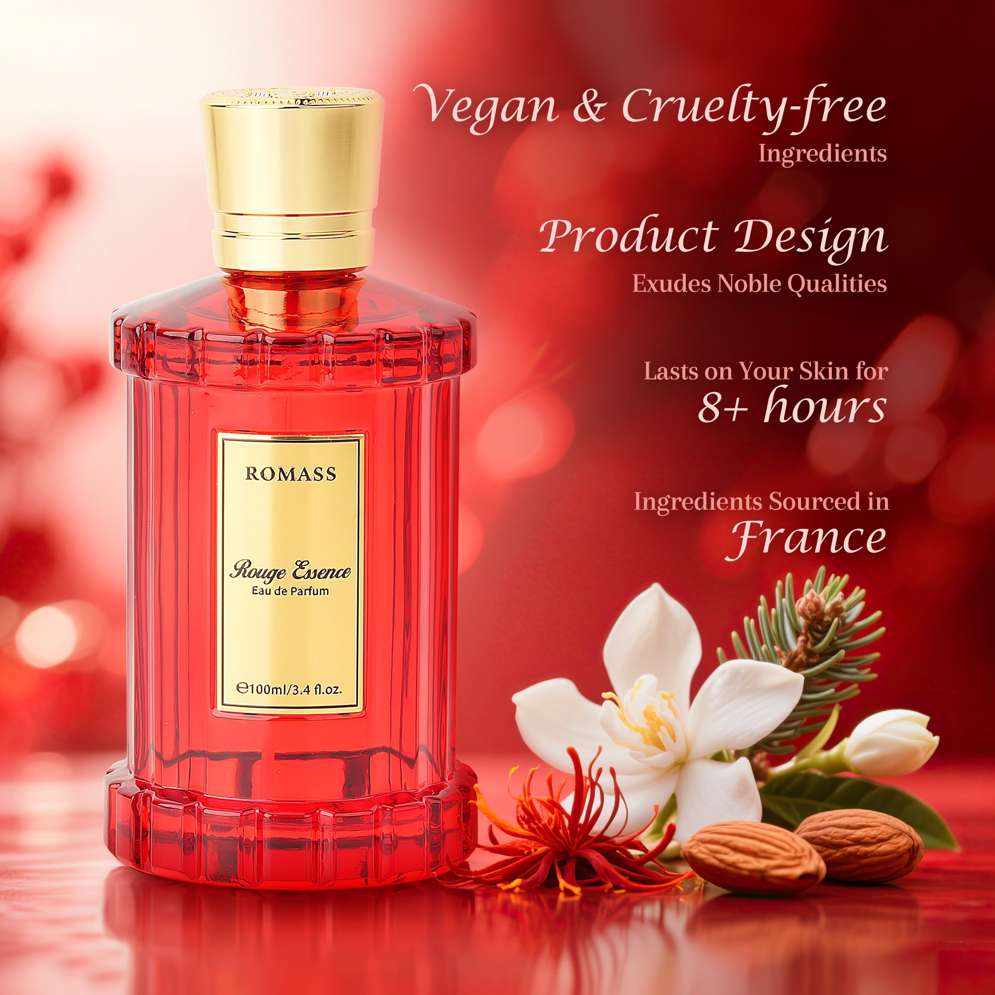 ROMASS Rouge Essence Luxe Perfume - 12+ Hours Long-Lasting Fragrance with Vibrant Saffron, Warm Amber, Woody Accords & Creamy Almond Notes in Gold Bottle