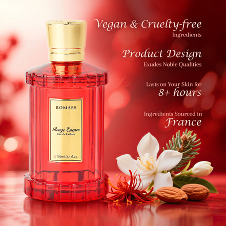 ROMASS Rouge Essence Luxe Perfume - 12+ Hours Long-Lasting Fragrance with Vibrant Saffron, Warm Amber, Woody Accords & Creamy Almond Notes in Gold Bottle