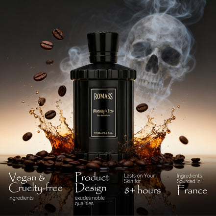 ROMASS Mortality’s Echo Eau de Parfum 3.4oz/100ml | Obsidian Black Bottle | Long-Lasting Dark Gourmand Fragrance | Notes of Dark Cocoa, Rum, and Ancient Cypress