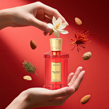 ROMASS Rouge Essence Luxe Perfume - 12+ Hours Long-Lasting Fragrance with Vibrant Saffron, Warm Amber, Woody Accords & Creamy Almond Notes in Gold Bottle