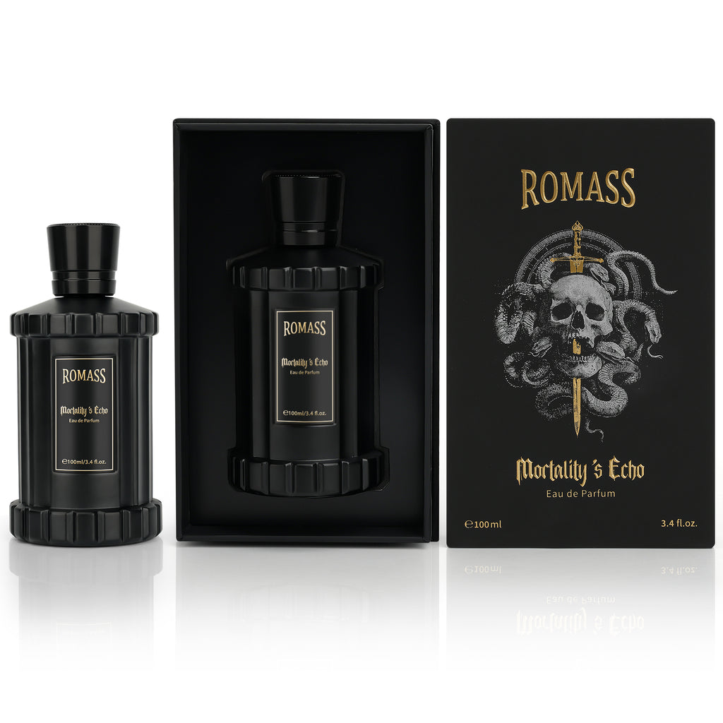 ROMASS Mortality’s Echo Eau de Parfum 3.4oz/100ml | Obsidian Black Bottle | Long-Lasting Dark Gourmand Fragrance | Notes of Dark Cocoa, Rum, and Ancient Cypress