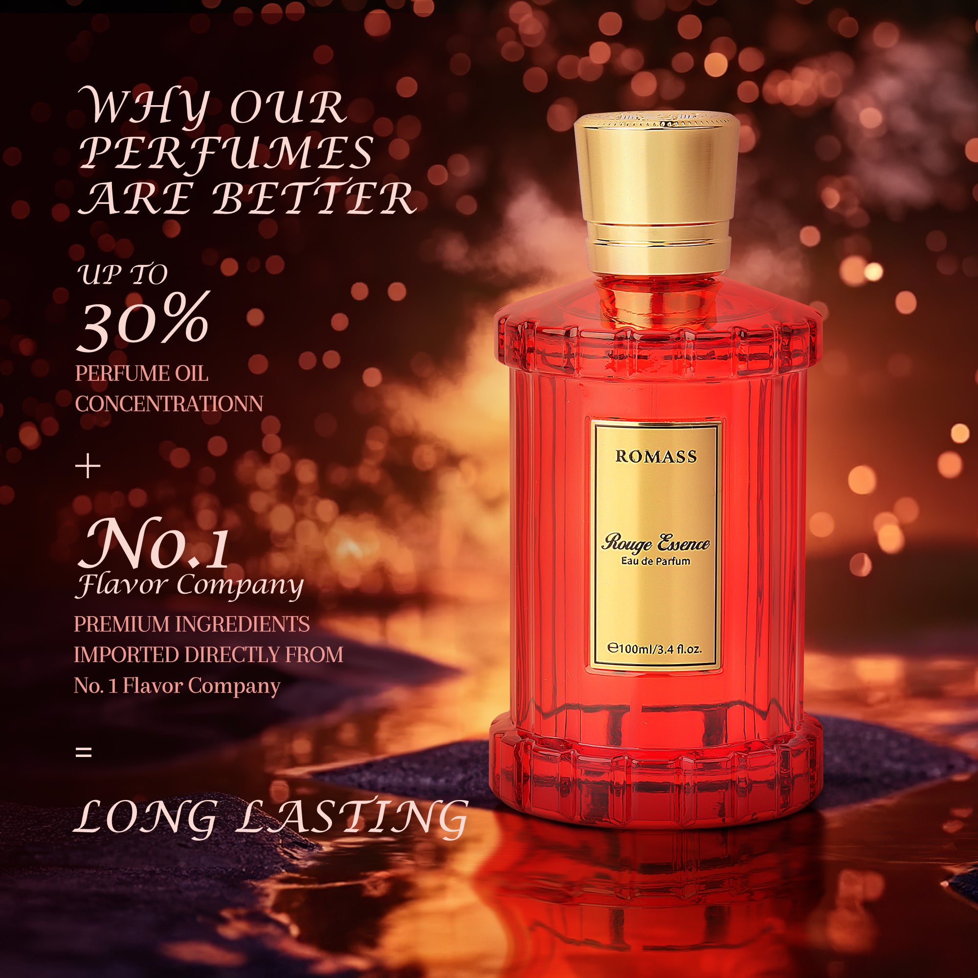 ROMASS Rouge Essence Luxe Perfume - 12+ Hours Long-Lasting Fragrance with Vibrant Saffron, Warm Amber, Woody Accords & Creamy Almond Notes in Gold Bottle