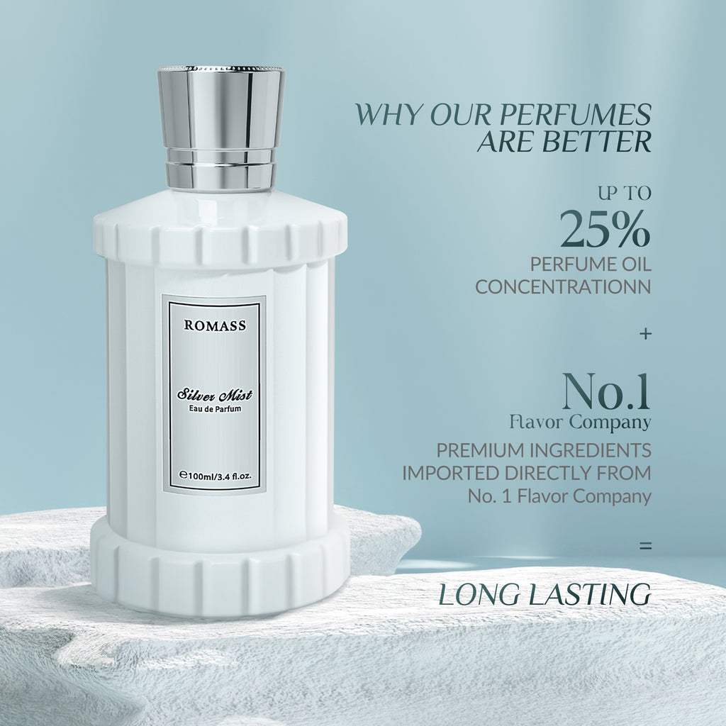 Romass Silver Mist Eau de Parfum Spray for Men & Women with Orange Blossom, Lemon, Bergamot, Blackcurrant, Rose, Musk & Cedar - 3.4oz/100ml