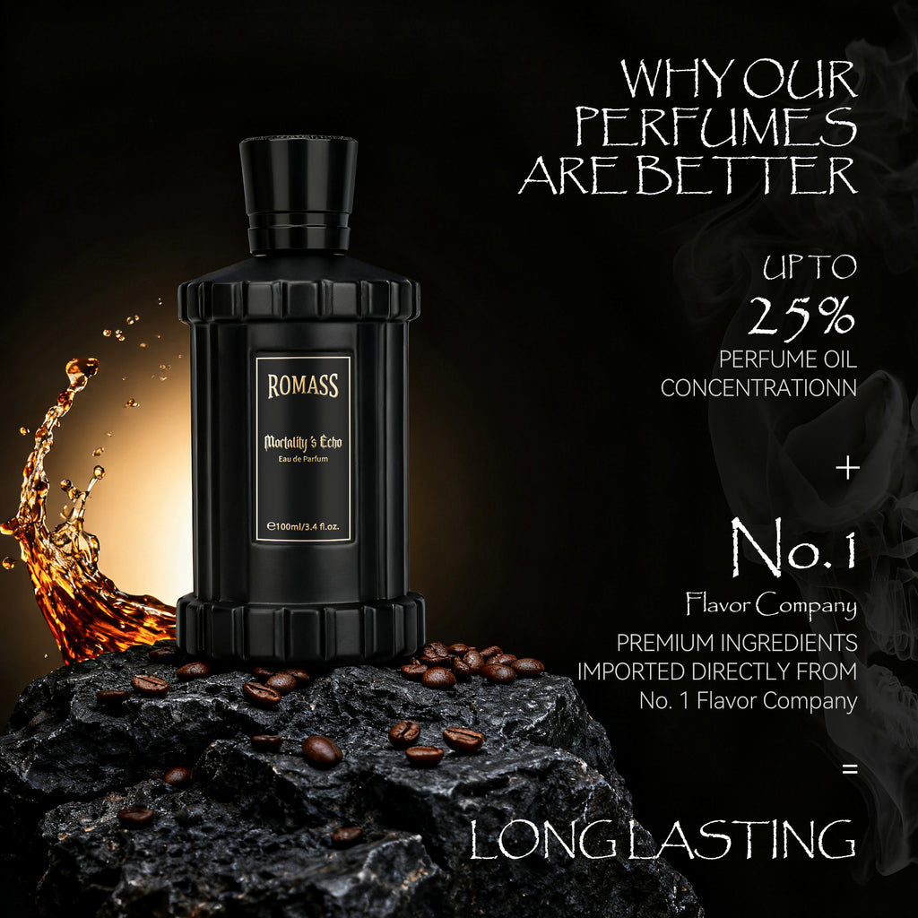 ROMASS Mortality’s Echo Eau de Parfum 3.4oz/100ml | Obsidian Black Bottle | Long-Lasting Dark Gourmand Fragrance | Notes of Dark Cocoa, Rum, and Ancient Cypress