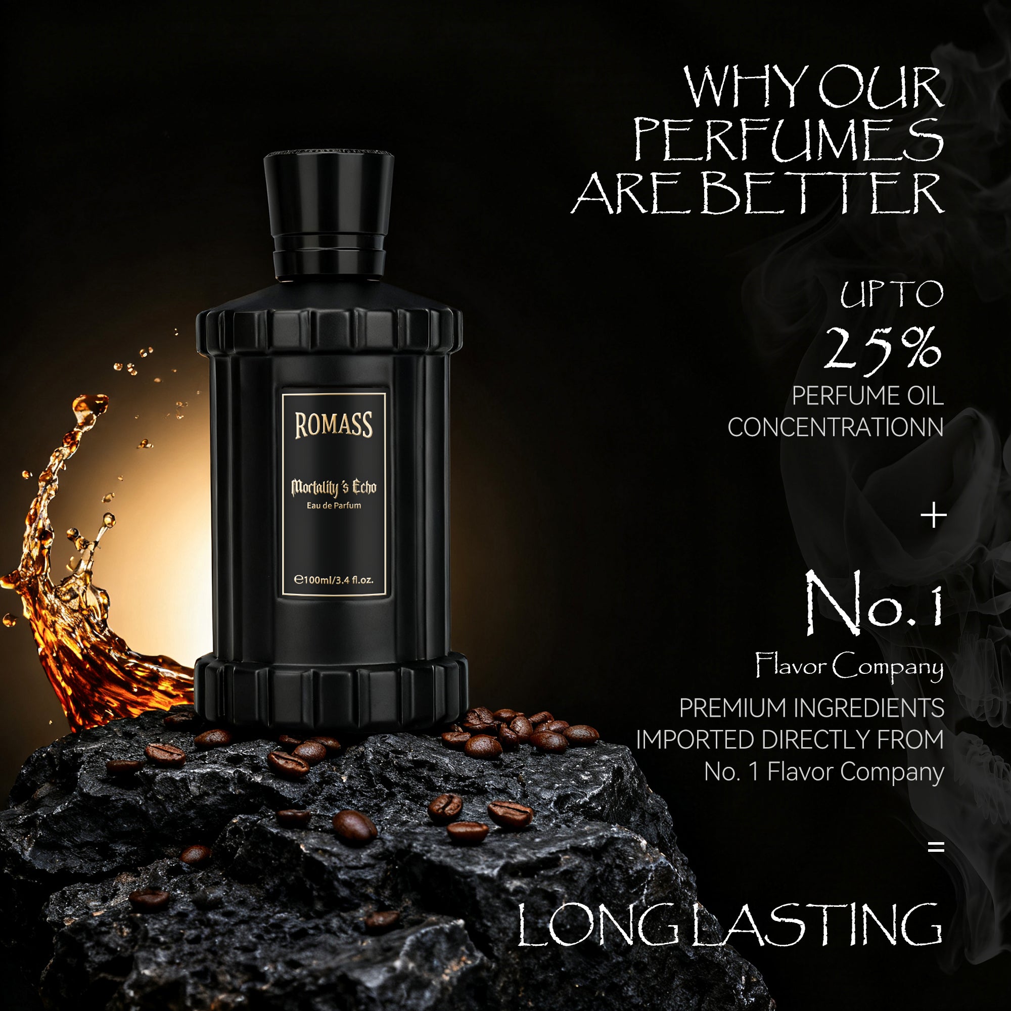 ROMASS Mortality’s Echo Eau de Parfum 3.4oz/100ml | Obsidian Black Bottle | Long-Lasting Dark Gourmand Fragrance | Notes of Dark Cocoa, Rum, and Ancient Cypress